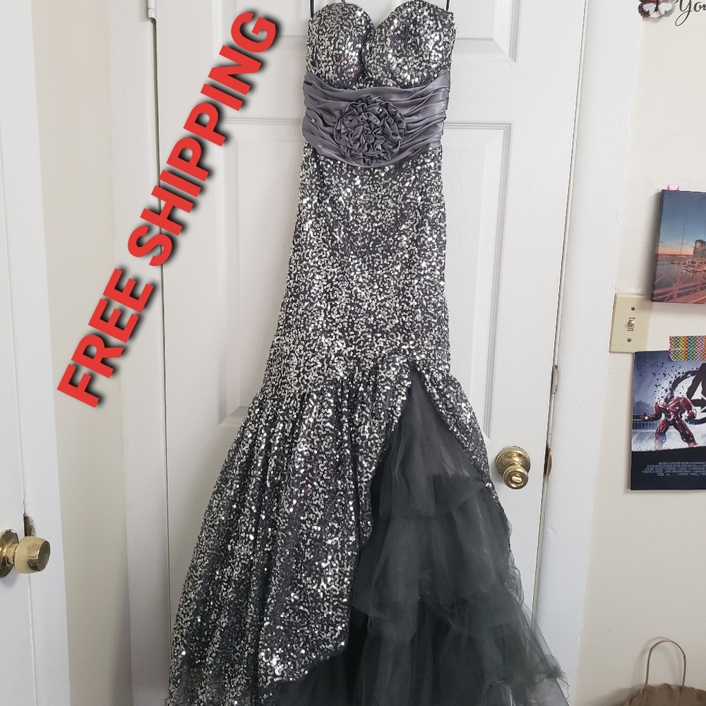 Gray Silver Sequins Gown Small